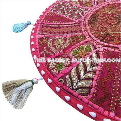 17" Round pouf ottoman Floor Pillow Cushion in Pink round embroidered patchwork Bohemian floor cushion pouf Indian Foot Stool Bean Bag
