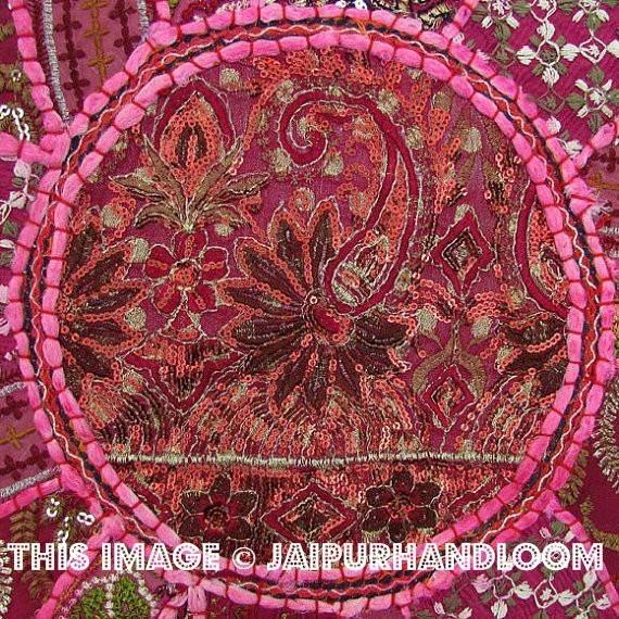 17" Round pouf ottoman Floor Pillow Cushion in Pink round embroidered patchwork Bohemian floor cushion pouf Indian Foot Stool Bean Bag