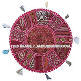 17" Round pouf ottoman Floor Pillow Cushion in Pink round embroidered patchwork Bohemian floor cushion pouf Indian Foot Stool Bean Bag
