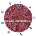 17" Round pouf ottoman Floor Pillow Cushion in Pink round embroidered patchwork Bohemian floor cushion pouf Indian Foot Stool Bean Bag