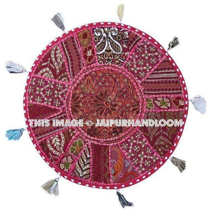 17" Round pouf ottoman Floor Pillow Cushion in Pink round embroidered patchwork Bohemian floor cushion pouf Indian Foot Stool Bean Bag