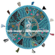 17" Round pouf ottoman Floor Pillow Cushion in Turquoise round embroidered patchwork Bohemian floor cushion pouf Indian Foot Stool Bean Bag-Jaipur Handloom