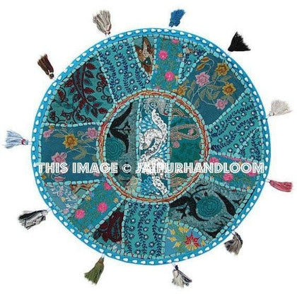 17" Round pouf ottoman Floor Pillow Cushion in Turquoise round embroidered patchwork Bohemian floor cushion pouf Indian Foot Stool Bean Bag-Jaipur Handloom