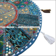 17" Round pouf ottoman Floor Pillow Cushion in Turquoise round embroidered patchwork Bohemian floor cushion pouf Indian Foot Stool Bean Bag-Jaipur Handloom