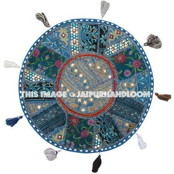 17" Round pouf ottoman Floor Pillow Cushion in Turquoise round embroidered patchwork Bohemian floor cushion pouf Indian Foot Stool Bean Bag-Jaipur Handloom