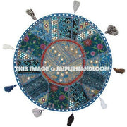 17" Round pouf ottoman Floor Pillow Cushion in Turquoise round embroidered patchwork Bohemian floor cushion pouf Indian Foot Stool Bean Bag-Jaipur Handloom