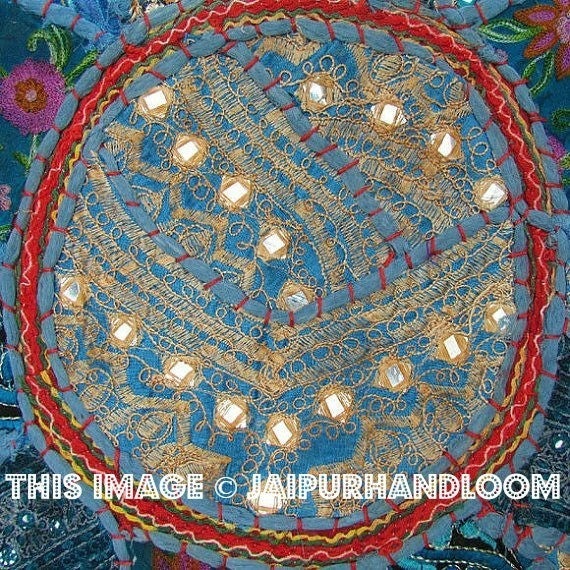 17" Round pouf ottoman Floor Pillow Cushion in Turquoise round embroidered patchwork Bohemian floor cushion pouf Indian Foot Stool Bean Bag-Jaipur Handloom