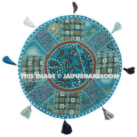17" Round pouf ottoman Floor Pillow Cushion in Turquoise round embroidered patchwork Bohemian floor cushion pouf Indian Foot Stool Bean Bag-Jaipur Handloom