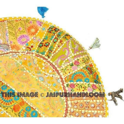 17" Round pouf ottoman Floor Pillow Cushion in Yellow round embroidered patchwork Bohemian floor cushion pouf Indian Foot Stool Bean Bag-Jaipur Handloom