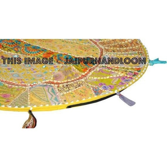 17" Round pouf ottoman Floor Pillow Cushion in Yellow round embroidered patchwork Bohemian floor cushion pouf Indian Foot Stool Bean Bag-Jaipur Handloom