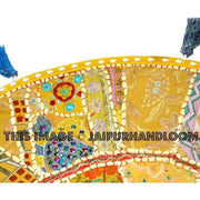 17" Round pouf ottoman Floor Pillow Cushion in Yellow round embroidered patchwork Bohemian floor cushion pouf Indian Foot Stool Bean Bag-Jaipur Handloom