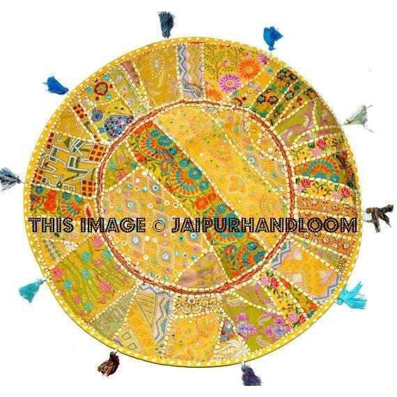 17" Round pouf ottoman Floor Pillow Cushion in Yellow round embroidered patchwork Bohemian floor cushion pouf Indian Foot Stool Bean Bag-Jaipur Handloom