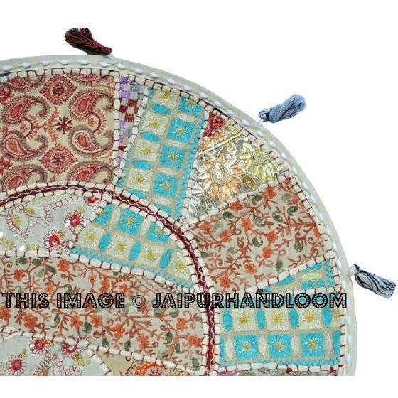 17" Round pouf ottoman Floor Pillow Cushion in white bohemian round embroidered patchwork Bohemian floor cushion pouf Indian Foot Stool Bean Bag