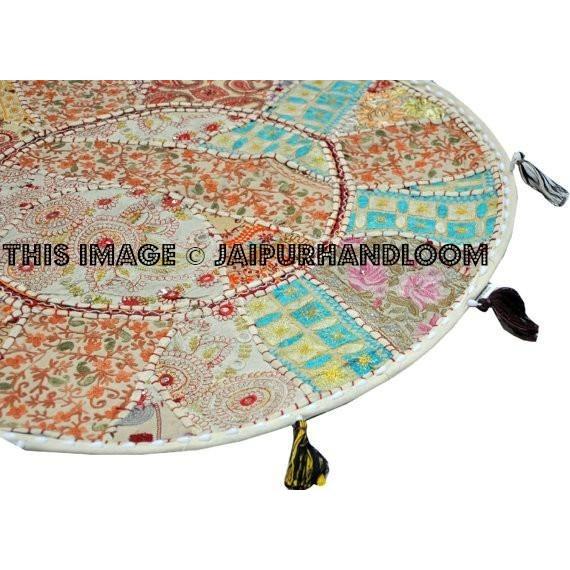 17" Round pouf ottoman Floor Pillow Cushion in white bohemian round embroidered patchwork Bohemian floor cushion pouf Indian Foot Stool Bean Bag