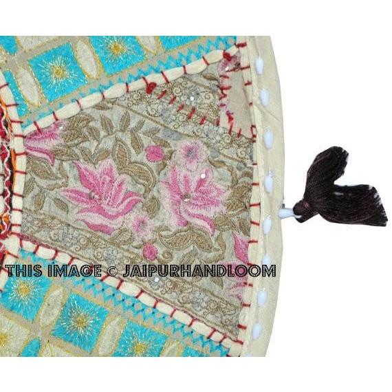 17" Round pouf ottoman Floor Pillow Cushion in white bohemian round embroidered patchwork Bohemian floor cushion pouf Indian Foot Stool Bean Bag