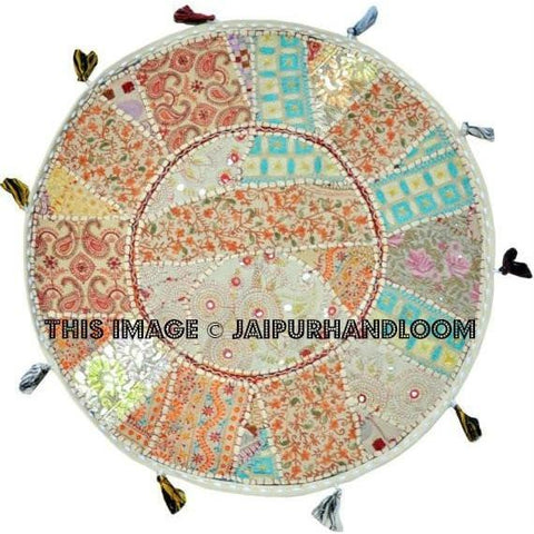 17" Round pouf ottoman Floor Pillow Cushion in white bohemian round embroidered patchwork Bohemian floor cushion pouf Indian Foot Stool Bean Bag