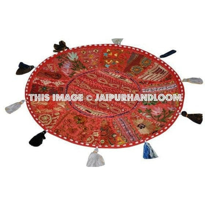 17" Round pouf ottoman Round Floor Pillow Cushion Red embroidered Bohemian Patchwork floor cushion pouf Vintage Indian Foot Stool Bean Bag-Jaipur Handloom