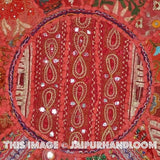 17" Round pouf ottoman Round Floor Pillow Cushion Red embroidered Bohemian Patchwork floor cushion pouf Vintage Indian Foot Stool Bean Bag-Jaipur Handloom