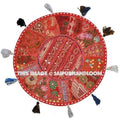 17" Round pouf ottoman Round Floor Pillow Cushion Red embroidered Bohemian Patchwork floor cushion pouf Vintage Indian Foot Stool Bean Bag-Jaipur Handloom