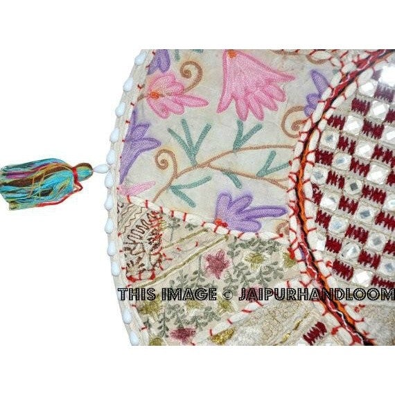 17" Round pouf ottoman large round embroidered Bohemian Patchwork floor cushion-Jaipur Handloom