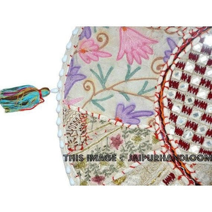 17" Round pouf ottoman large round embroidered Bohemian Patchwork floor cushion-Jaipur Handloom