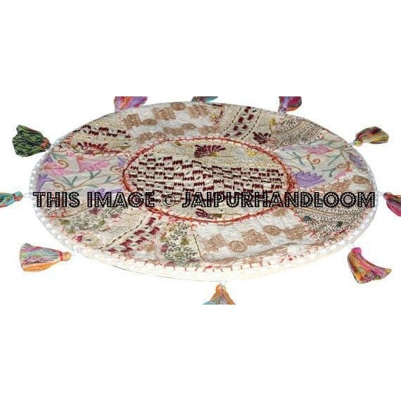 17" Round pouf ottoman large round embroidered Bohemian Patchwork floor cushion-Jaipur Handloom