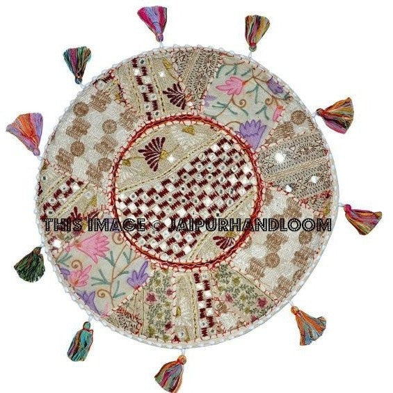 17" Round pouf ottoman large round embroidered Bohemian Patchwork floor cushion-Jaipur Handloom