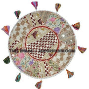 17" Round pouf ottoman large round embroidered Bohemian Patchwork floor cushion-Jaipur Handloom