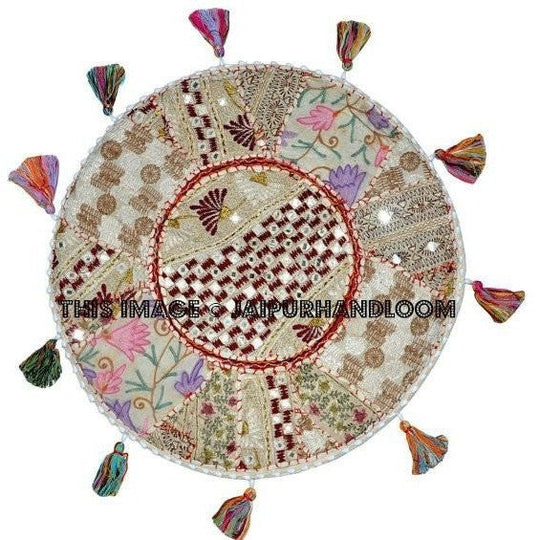 17" Round pouf ottoman large round embroidered Bohemian Patchwork floor cushion-Jaipur Handloom