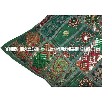 20" Green Bohemian Sofa Pillows Indian Embroidered Dining Chair Cushions-Jaipur Handloom