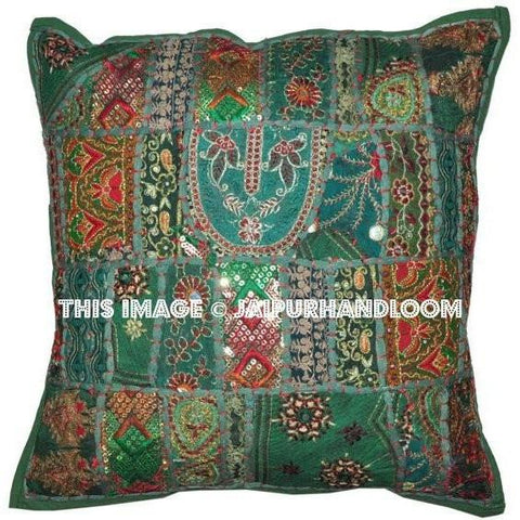 20" Green Bohemian Sofa Pillows Indian Embroidered Dining Chair Cushions-Jaipur Handloom