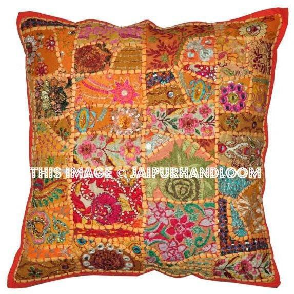 20" Indian Patchwork Pillow covers for couch Orange Boho Patio Cushions-Jaipur Handloom