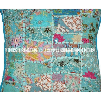 20" Large Blue Decorative Patchwork Throw Pillows for couch boho toss pillows-Jaipur Handloom