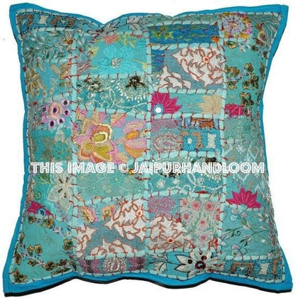 20" Large Blue Decorative Patchwork Throw Pillows for couch boho toss pillows-Jaipur Handloom