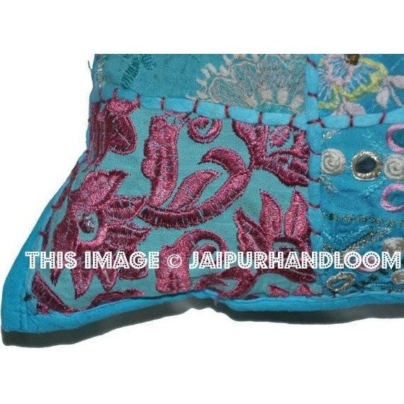 20" Square Blue Decorative bed pillows Bohemian Patchwork Floor Cushions-Jaipur Handloom