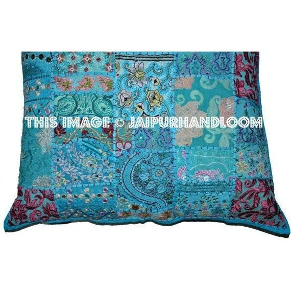20" Square Blue Decorative bed pillows Bohemian Patchwork Floor Cushions-Jaipur Handloom
