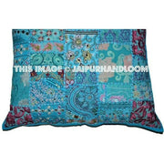 20" Square Blue Decorative bed pillows Bohemian Patchwork Floor Cushions-Jaipur Handloom