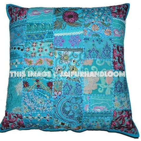20" Square Blue Decorative bed pillows Bohemian Patchwork Floor Cushions-Jaipur Handloom