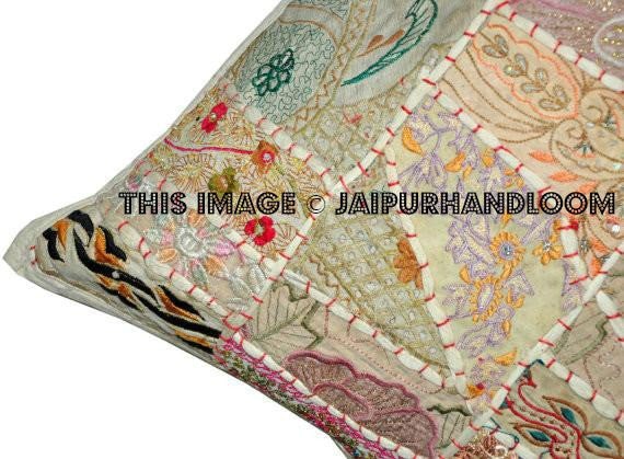 20" Square White Patchwork Bedroom Shams Pillows Boho Outdoor Cushions-Jaipur Handloom