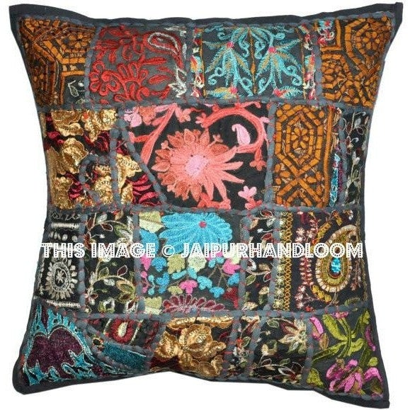 20 inches black patchwork bedroom pillows boho sofa cushions for restaurants-Jaipur Handloom