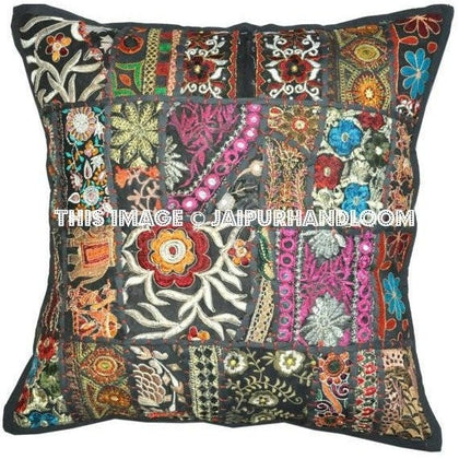 20 inches black patchwork bedroom pillows boho sofa cushions for restaurants-Jaipur Handloom