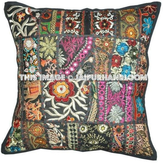 20 inches black patchwork bedroom pillows boho sofa cushions for restaurants-Jaipur Handloom