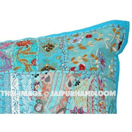 20X20 Blue Organic Sofa Pillows For Restaurants Embroidered Floor Cushions-Jaipur Handloom