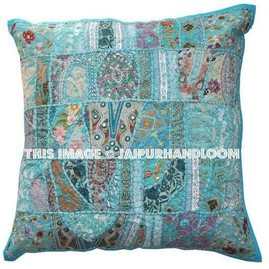 20X20 Blue Organic Sofa Pillows For Restaurants Embroidered Floor Cushions-Jaipur Handloom