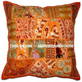 20X20 Orange Vintage Throw pillow for couch embroidered bedroom pillows-Jaipur Handloom