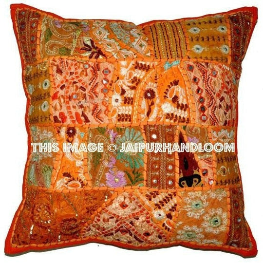 20X20 Orange Vintage Throw pillow for couch embroidered bedroom pillows-Jaipur Handloom