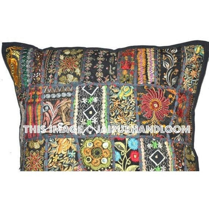 20x20 Black Bedroom Applique Pillows Indian Embroidered Sofa Cushions-Jaipur Handloom