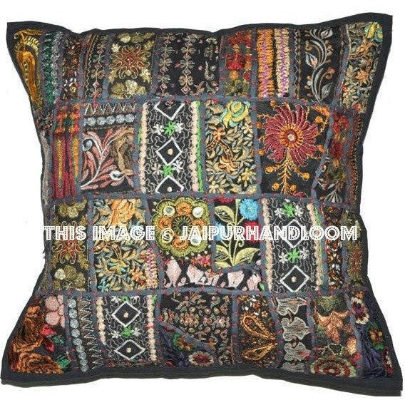 20x20 Black Bedroom Applique Pillows Indian Embroidered Sofa Cushions-Jaipur Handloom