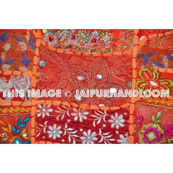 20x20" Orange Embroidered Sofa Pillows Indian Bohemian Bedroom Pillows-Jaipur Handloom