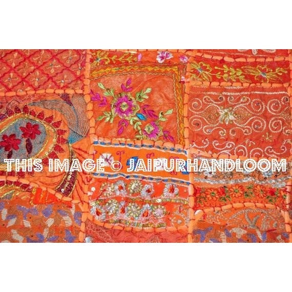 20x20" Orange Embroidered Sofa Pillows Indian Bohemian Bedroom Pillows-Jaipur Handloom